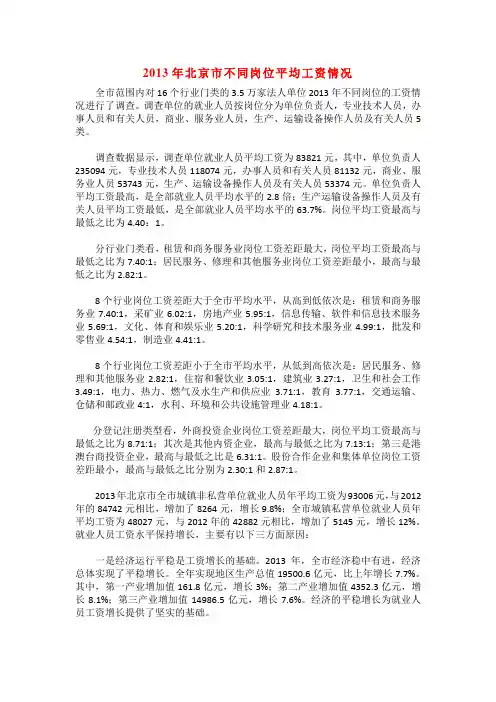 2013年北京市不同岗位平均工资情况