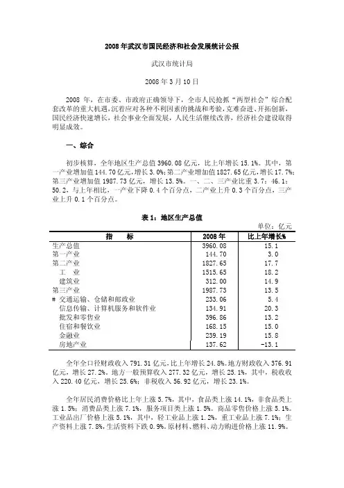 2008年武汉市国民经济和社会发展统计公报
