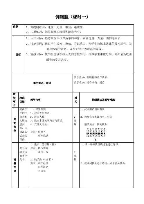 新人教版三至四年级体育下册《体育运动技能 武术  一、武术基本功、基本动作  2.侧踢腿》公开课教案_5