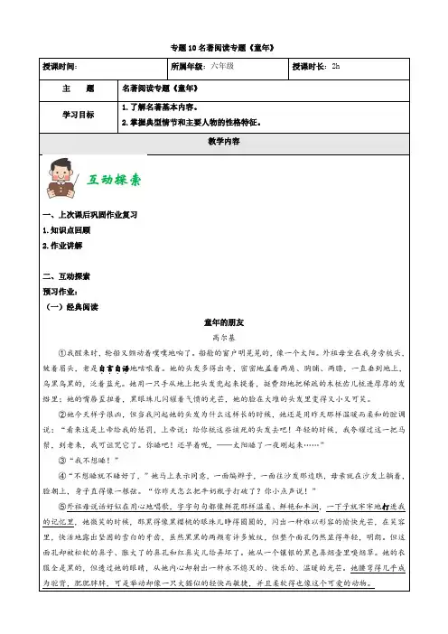专题10名著阅读专题《童年》(学案)