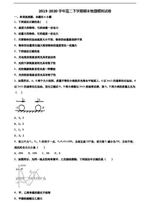 广东省韶关市2020年新高考高二物理下学期期末复习检测试题