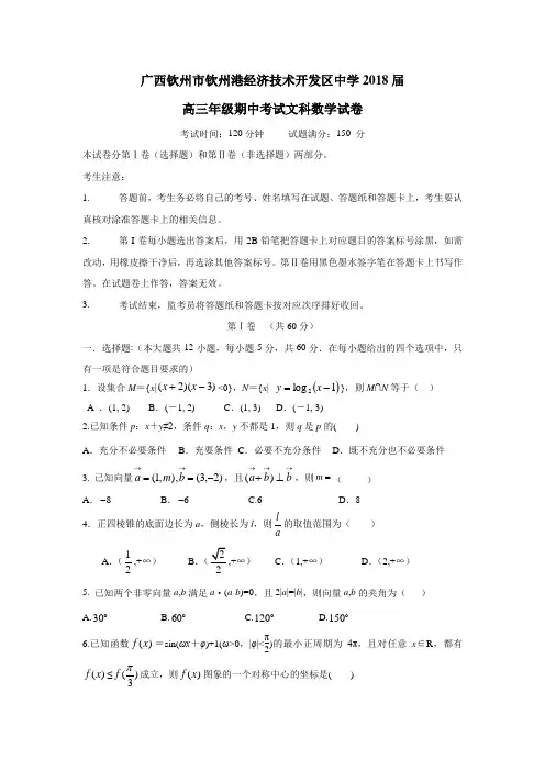广西钦州市钦州港经济技术开发区中学2018届高三上学期期中考试数学(文)试题(附答案)