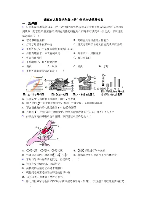 通辽市人教版八年级上册生物期末试卷及答案