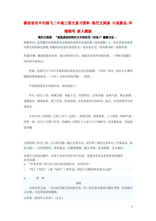 陕西省汉中市陕飞二中高三语文复习资料 现代文阅读 小说悬念、环境描写 新人教版