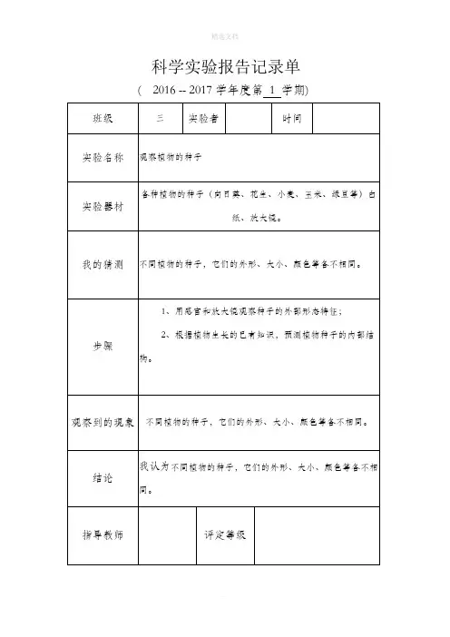 科学实验实验报告记录单