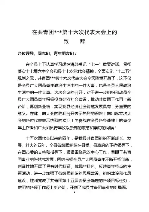 团代会分管领导致开幕词