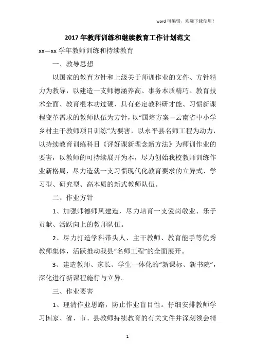 2019年教师训练和继续教育工作计划范文
