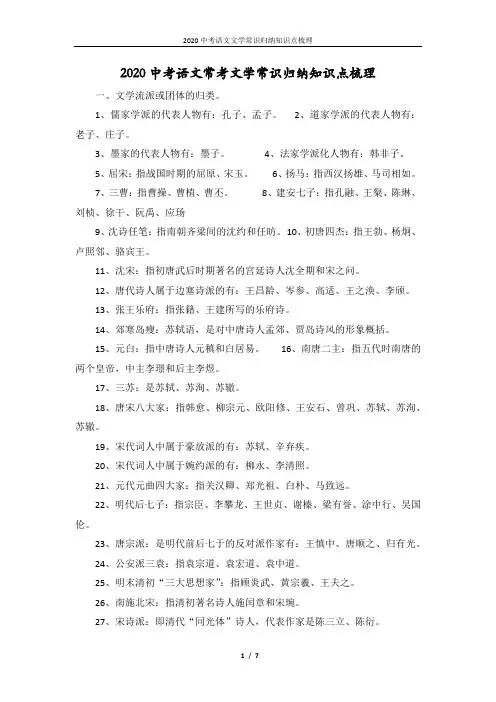 2020中考语文常考文学常识归纳知识点梳理