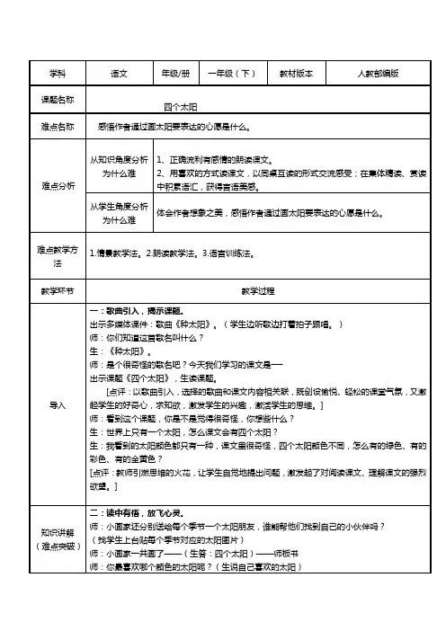 部编版语文一年级下册-课文(一)-教案-4 四个太阳13