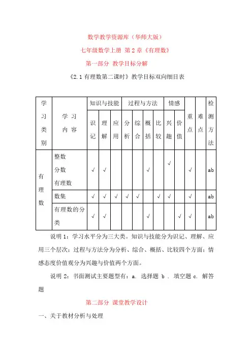 华师大版七年级数学上册 第2章《有理数》2.1.2有理数  教案设计