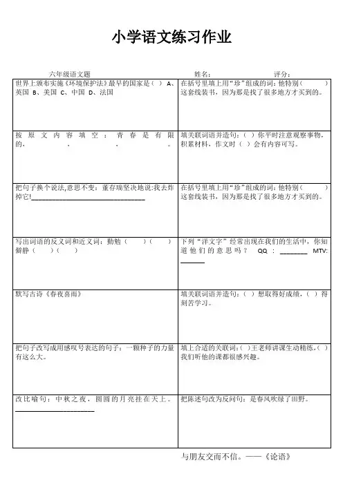 小学六年级语文课堂自评训练I (59)