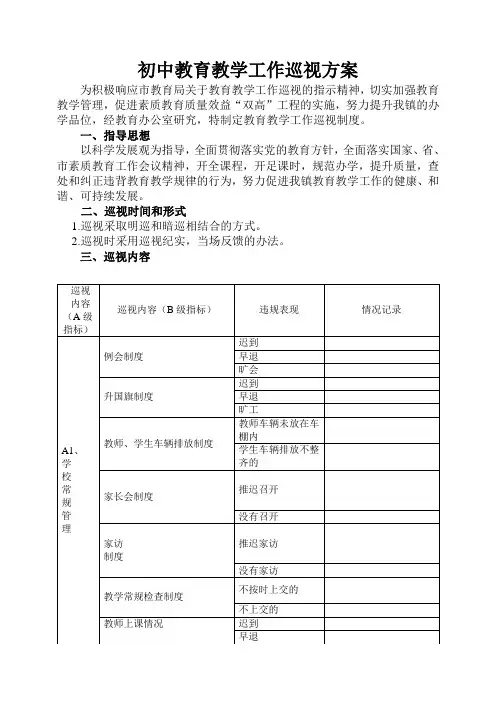 初中教育教学工作巡视方案
