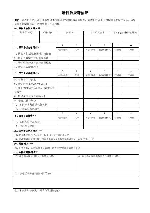 培训效果评估表