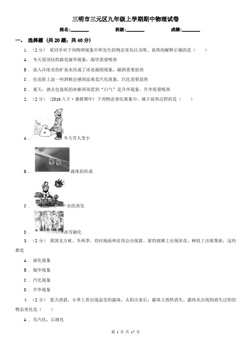 三明市三元区九年级上学期期中物理试卷