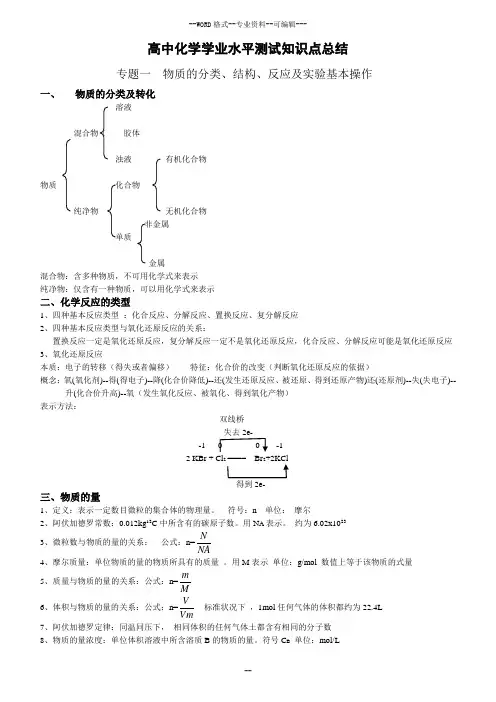 高中化学学业水平测试知识点总结(完整版)
