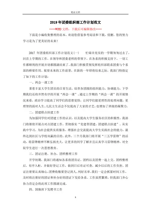 2019年团委组织部工作计划范文