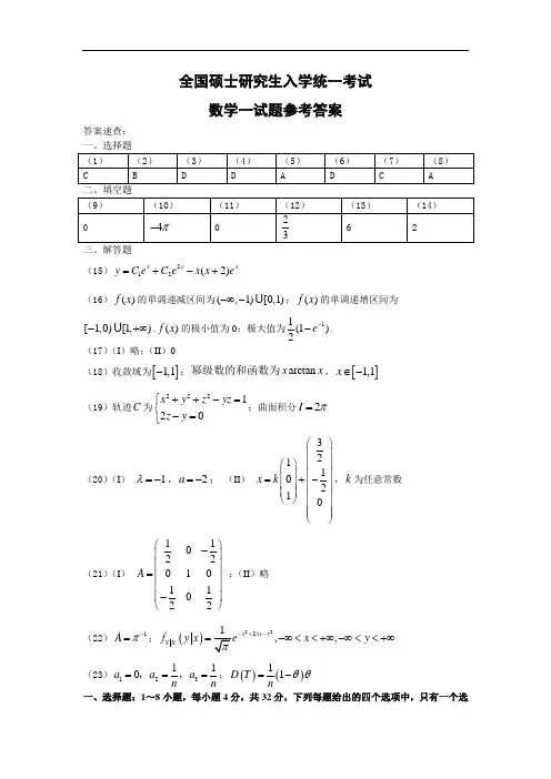 历年全国硕士研究生入学统一考试数学一试题参考答案1