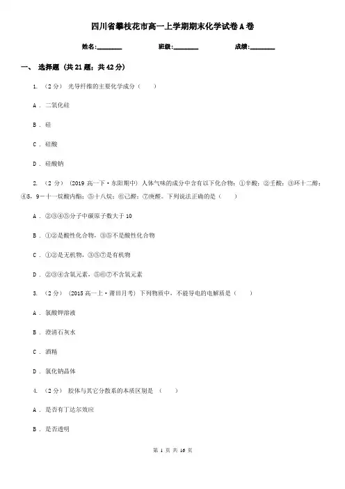 四川省攀枝花市高一上学期期末化学试卷A卷