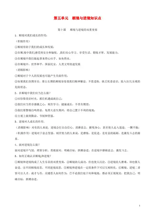 河北省唐山十六中八年级政治上册 第五单元 顺境与逆境 知识点小结 新人教版