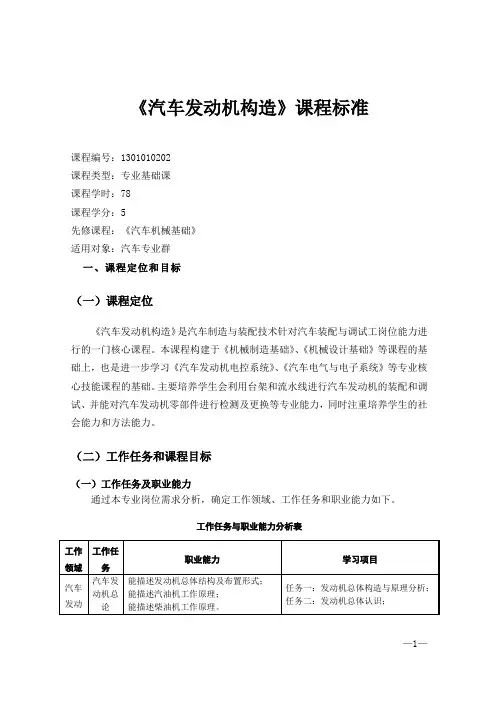 2016-2017学年第2学期汽车发动机构造与维修课程标准