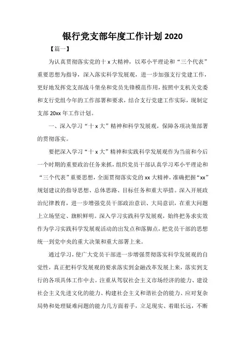  银行党支部年度工作计划2020