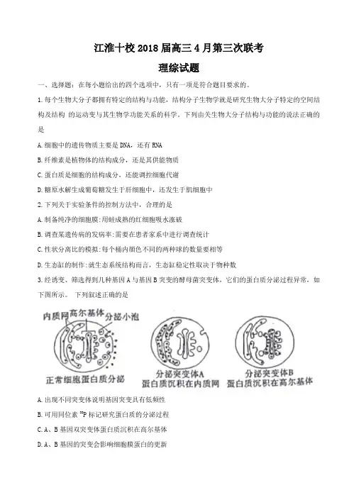 安徽省江淮十校2018届高三第三次4月联考理科综合试卷含答案