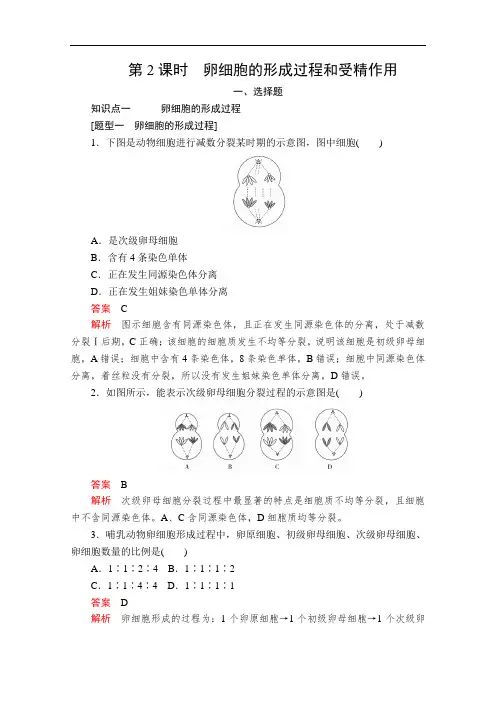 2020新教材生物人教版必修二检测：第2章 第1节 第2课时 卵细胞的形成过程和受精作用 Word版含解析