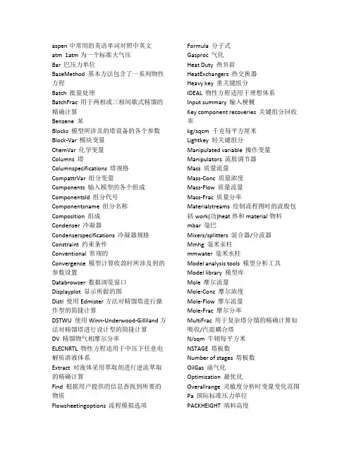 AspenPlus中常用的英语单词对照中英文