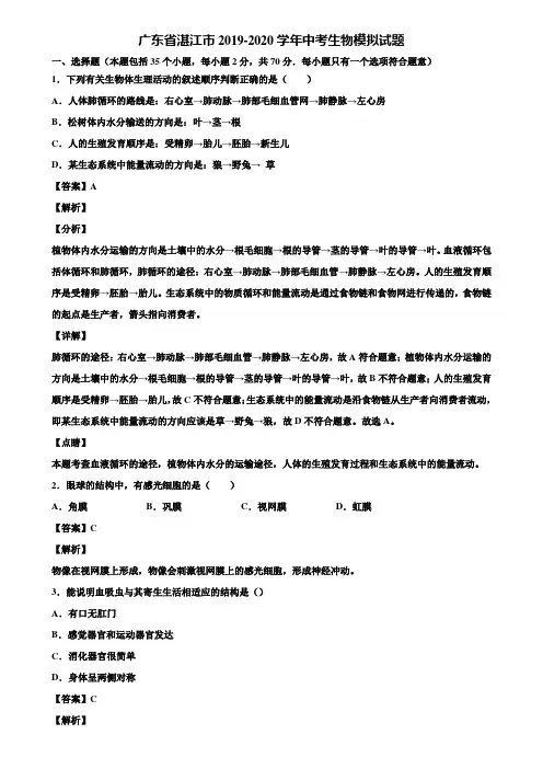 广东省湛江市2019-2020学年中考生物模拟试题含解析
