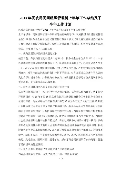 2019年民政局民间组织管理科上半年工作总结及下半年工作计划