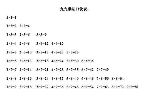 人教版二年级九九乘法口诀表(语文版和数学版),最后附练习题