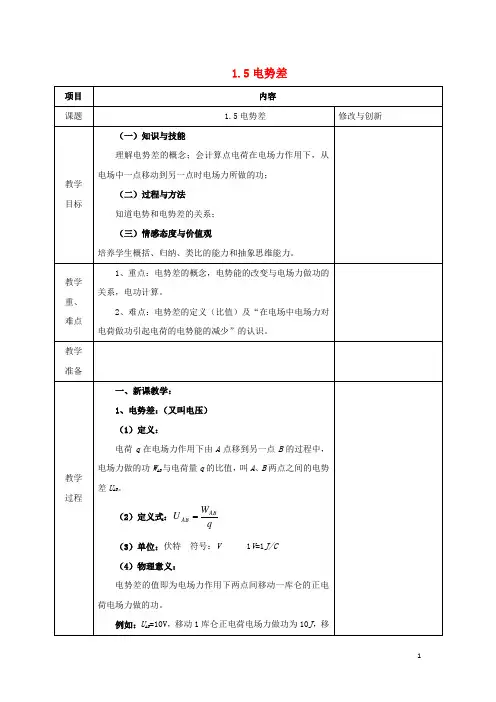 安徽省长丰县高中物理第一章静电场1.5电势差教案新人教版选修3-1课件