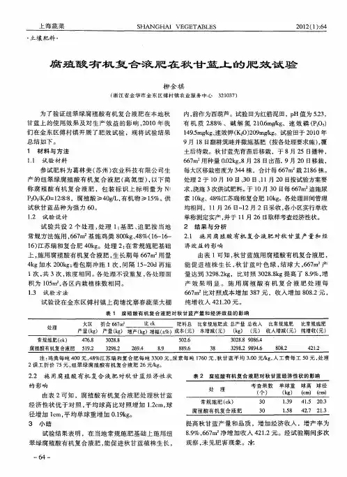 腐殖酸有机复合液肥在秋甘蓝上的肥效试验
