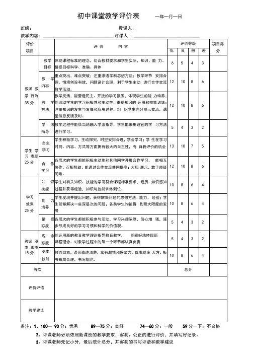 初中课堂评价表