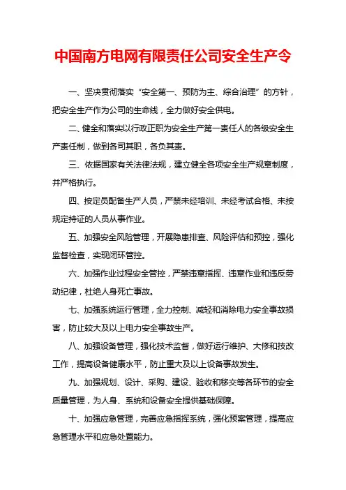 中国南方电网有限责任公司安全生产令