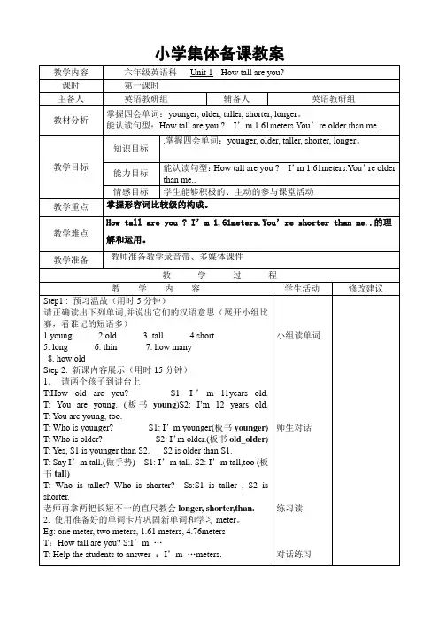 最新2016年PEP六年级英语下册教案全册表格式集体备课