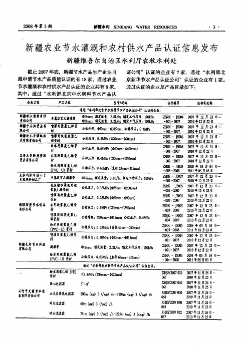 新疆农业节水灌溉和农村供水产品认证信息发布