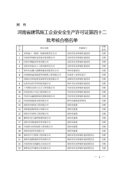 河南省建筑施工企业安全生产许可证第四十二批考核合格