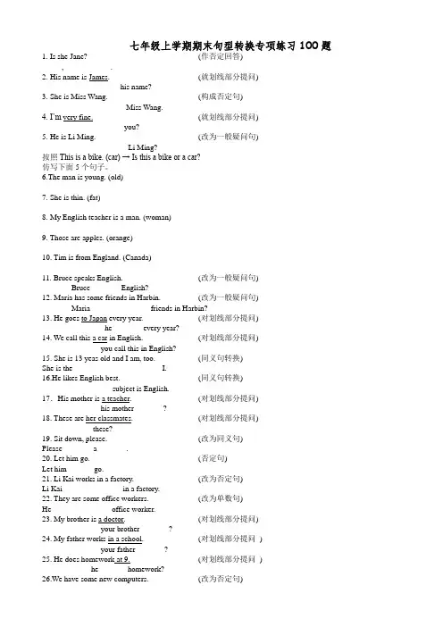 七年级上学期期末句型转换专项练习100题