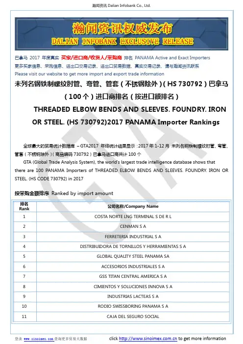 未列名钢铁制螺纹肘管、弯管、管套(不锈钢…(HS 730792)2017 巴拿