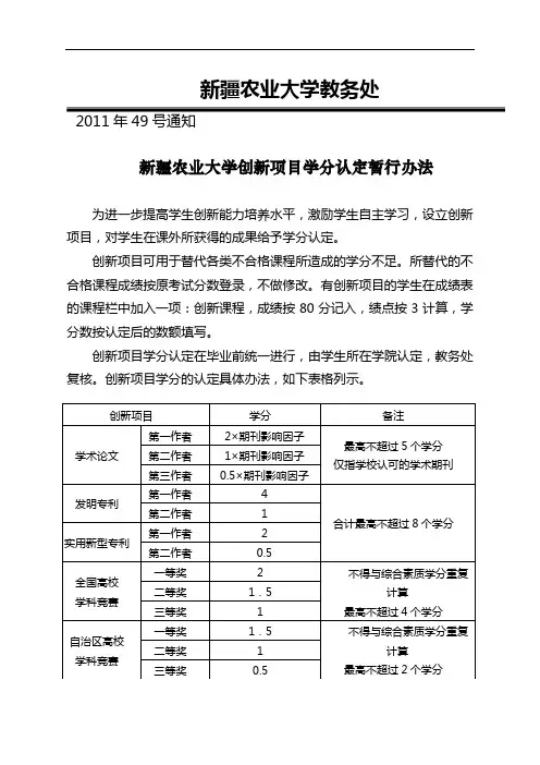 新疆农业大学创新项目学分认定暂行办法2011-2015年