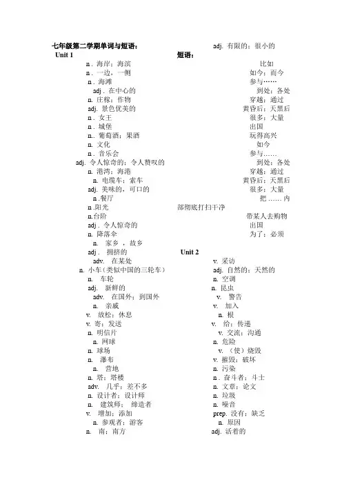 广州牛津版英语七年级下册单词与短语默写版