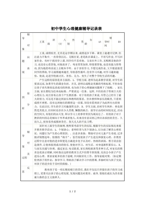 初中学生心理健康辅导记录表
