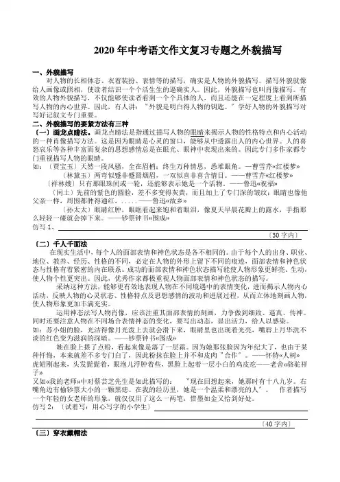 2020年中考语文作文复习专题之外貌描写