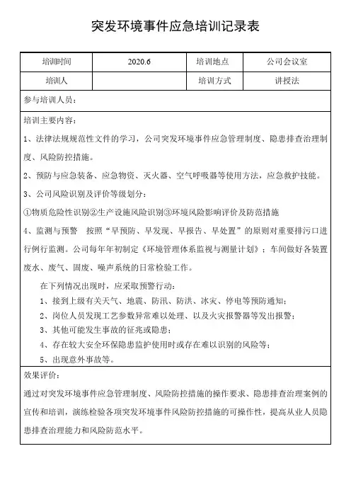 2020.6突发环境事件应急培训记录表