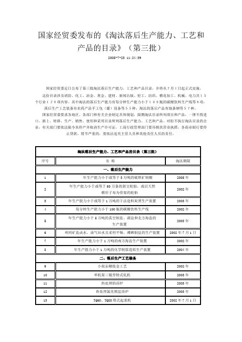 《淘汰落后生产能力、工艺和产品的目录》
