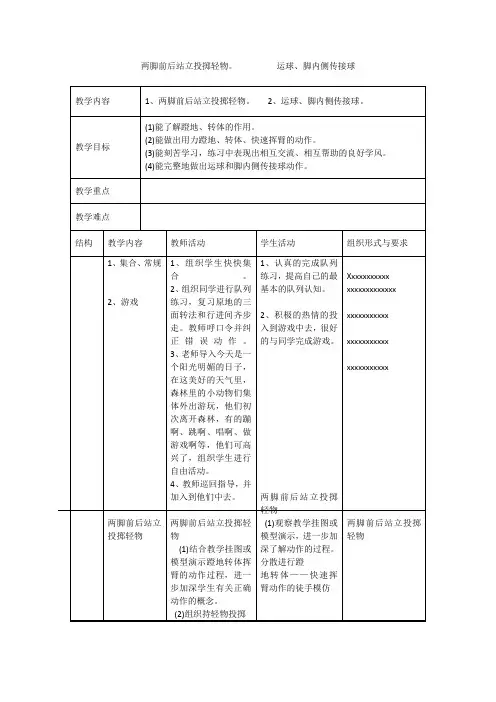 两脚前后站立投掷轻物。         运球、脚内侧传接球