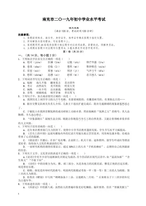 2020年四川省南充市初中学业水平考试语文试题(word,含答案)-最新推荐
