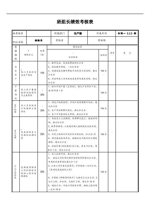 车间班组长绩效考核表