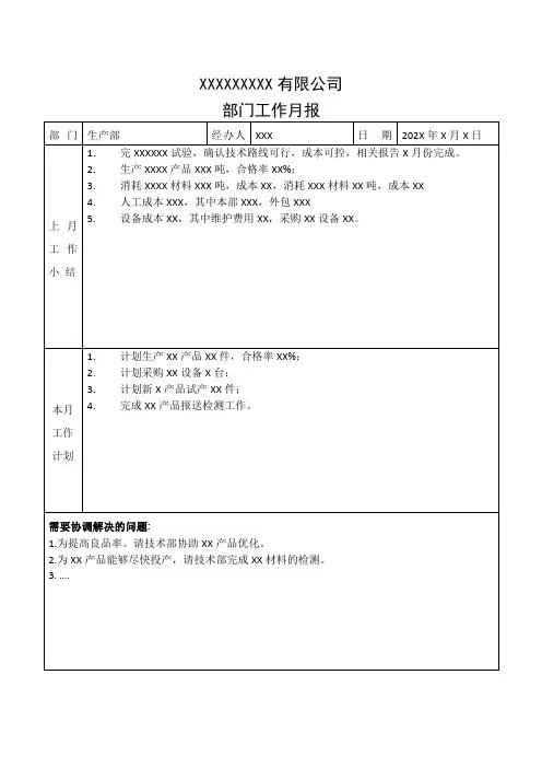 生产部工作月报模板
